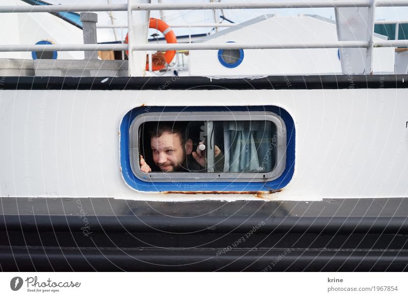 lookout Joy Trip Adventure Far-off places Ocean Masculine Adults 1 Human being 30 - 45 years Navigation Passenger ship Watercraft Harbour Porthole On board
