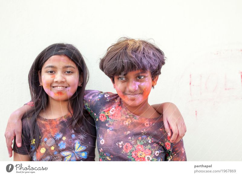 Portrait of teenagers with color powder smudged Lifestyle Joy Face 2 Human being 8 - 13 years Child Infancy Friendliness Happiness Happy Beautiful Laughing