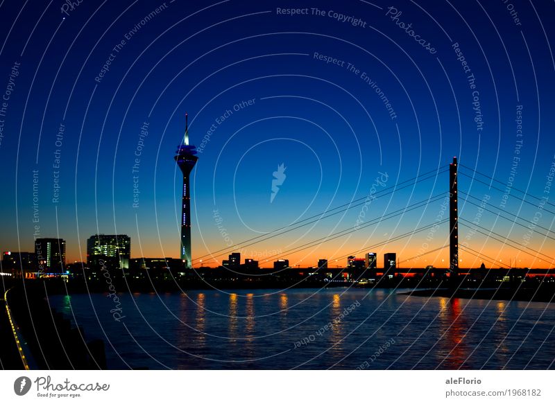 Düsseldorf skyline Sightseeing Water Sky Cloudless sky Night sky River bank Rhine Duesseldorf Germany Europe Town Skyline Bridge Tower Tourist Attraction