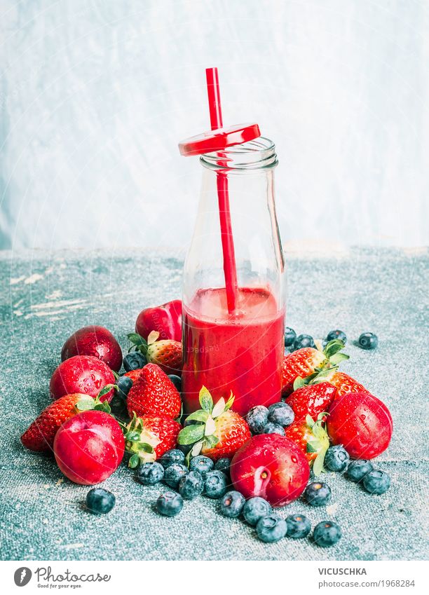 Red fruit and berries smoothie in bottle Fruit Organic produce Vegetarian diet Diet Beverage Juice Bottle Style Design Healthy Healthy Eating Fitness Life