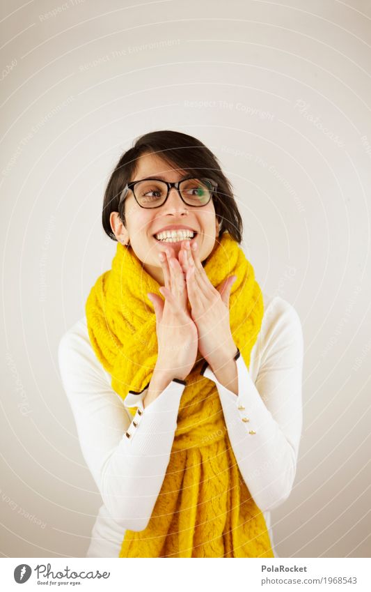 #A# Anticipation 1 Human being Esthetic Joy Laughter Dazzling white teeth Woman Happiness Friendliness Scarf Yellow Fashion Winter Eyeglasses Hand Looking