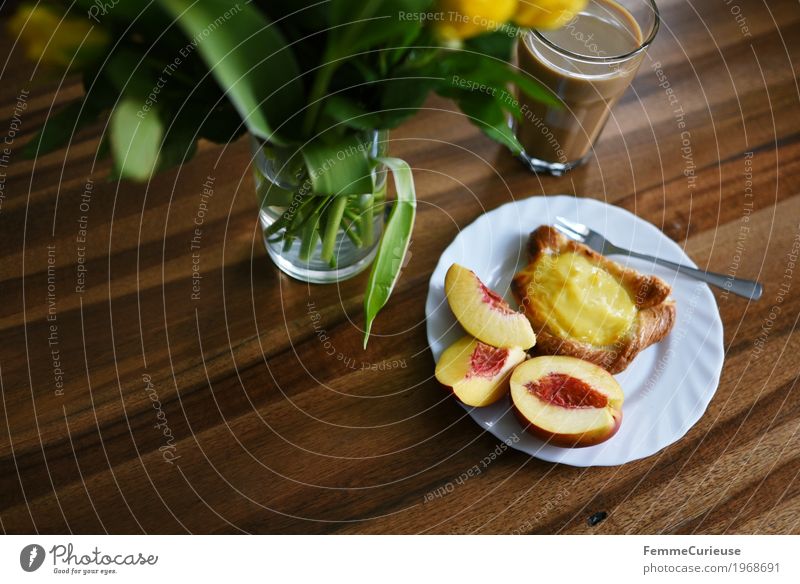 Coffee time's 3:30! To have a coffee To enjoy Nectarine Glass Bouquet Vase Wooden table Tabletop Living or residing Plate Fork Pudding Danish pastry Baked goods