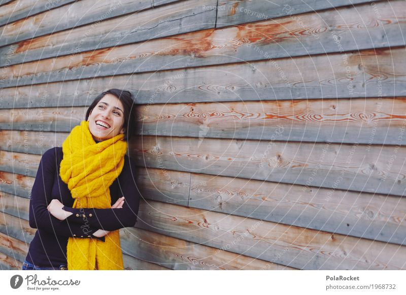 #A# in the moment Art Esthetic Woman Lean Laughter Smiling Joke Think Future Positive Open Wooden wall Yellow Scarf Sweater Calm Motionless Serene Relaxation