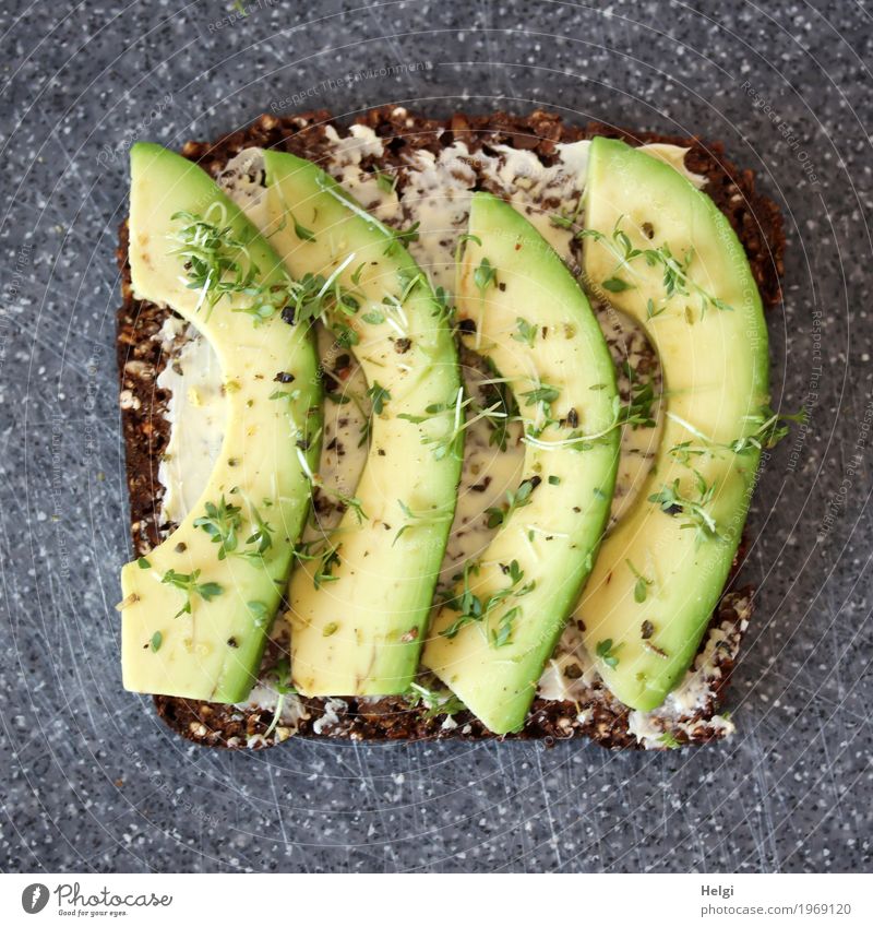 avocado bread Food Fruit Bread Herbs and spices Avocado Cress Black bread Nutrition Vegetarian diet Chopping board Plastic Lie Exceptional Fresh Healthy