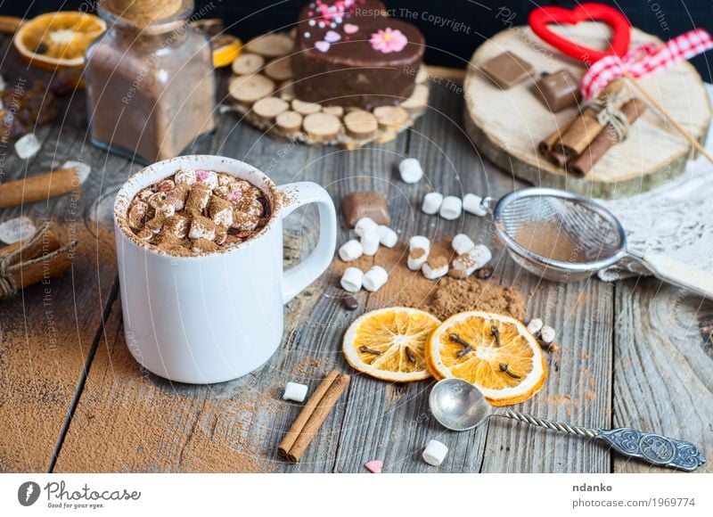 cup of hot chocolate with marshmallows Fruit Dessert Candy Herbs and spices Beverage Hot drink Hot Chocolate Cup Mug Spoon Winter Table Sieve Wood Heart Old