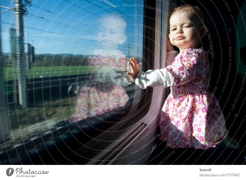 travel Vacation & Travel Trip Child Human being Toddler Girl Infancy 1 1 - 3 years Transport Passenger traffic Train travel Railroad Passenger train Looking