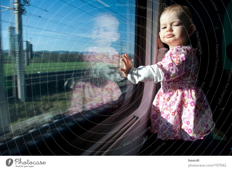 travel Vacation & Travel Trip Child Human being Toddler Girl Infancy 1 1 - 3 years Transport Passenger traffic Train travel Railroad Passenger train Looking