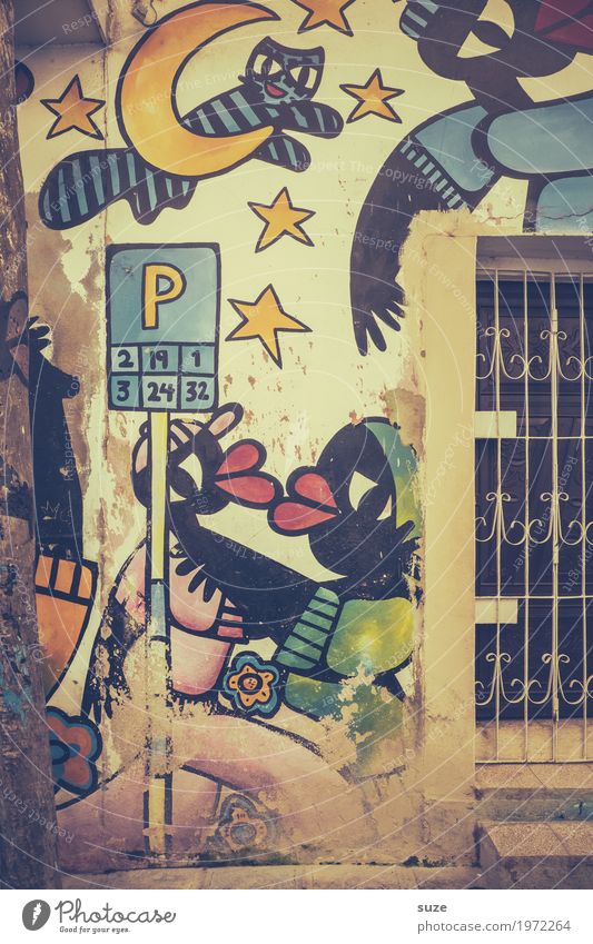 cosmopolitan City trip House (Residential Structure) Art Culture Town Outskirts Old town Facade Window Cat Graffiti Poverty Dirty Happiness Cute Retro Tolerant