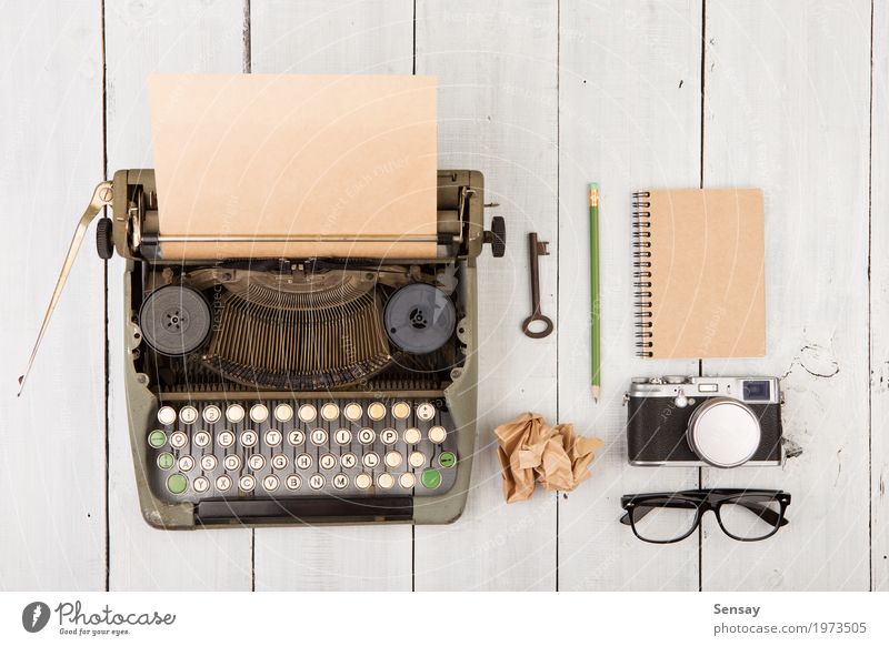 writer's workplace - wooden desk with vintage typewriter Coffee Tea Reading Desk Table Work and employment Office Camera Paper Pen Old Retro Green White Idea