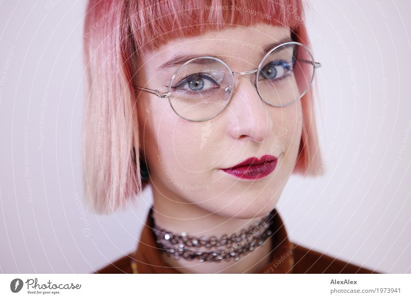 Clear view Lifestyle Style Beautiful Young woman Youth (Young adults) Face 18 - 30 years Adults Jewellery Eyeglasses Red-haired Short-haired red lips Observe