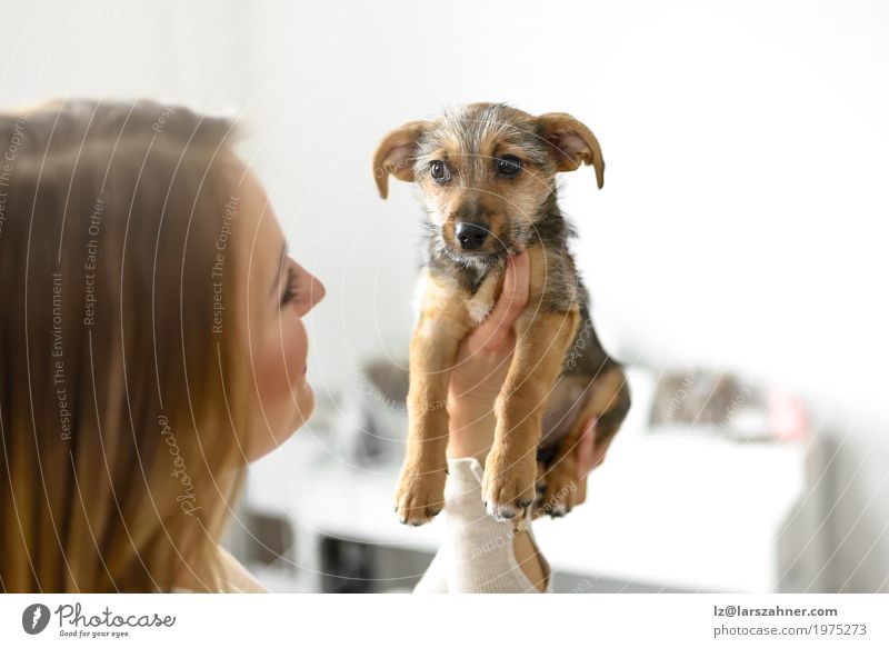 Young woman holding her puppy - a Royalty Free Stock Photo from Photocase