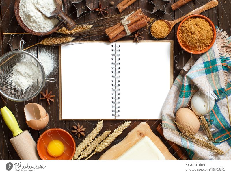 Blank cooking book, ingredients and utensils top view Grain Dough Baked goods Bread Dessert Herbs and spices Bowl Table Kitchen Paper Wood Fresh Brown White