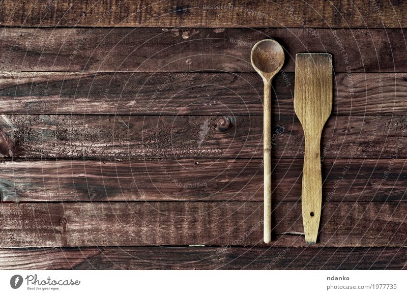 wooden kitchen spatula and a spoon on a brown surface Spoon Table Kitchen Wood Old Retro Brown Dish tableware utensil dinnerware Surface board empty space