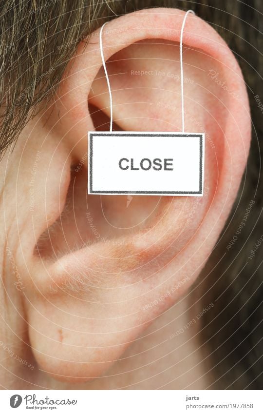 close Feminine Woman Adults Ear 1 Human being Signage Warning sign Listening Communicate Life Closed hear away Ignore Colour photo Studio shot Close-up