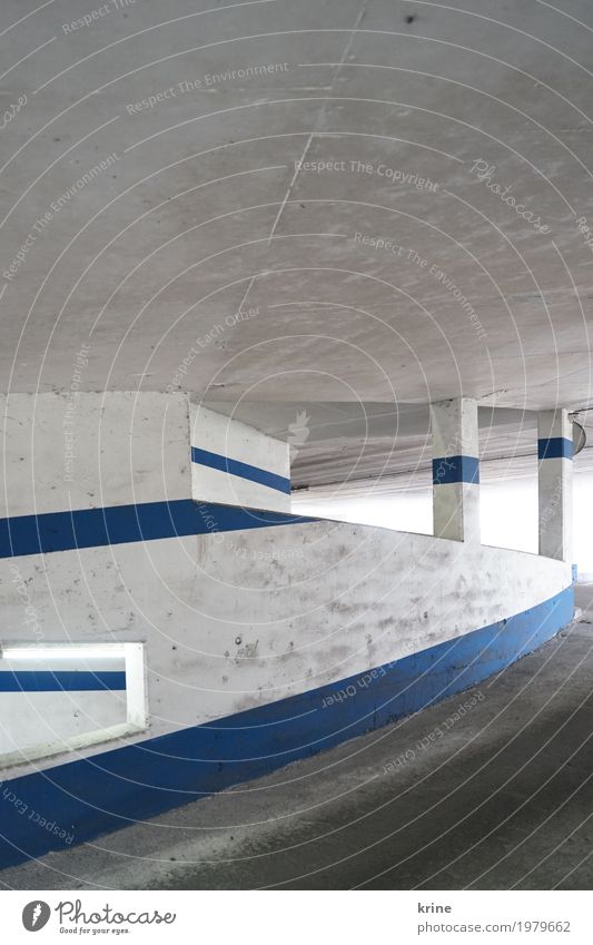 line light Deserted Parking garage Architecture Motoring Stone Line Esthetic Authentic Cool (slang) Dirty Retro Blue White Graphic Vacancy Cold Wall (barrier)