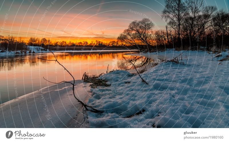evening winter landscape. sunset over the river. February thaw Beautiful Winter Snow Mirror Environment Nature Landscape Water Sky Sunrise Sunset Weather