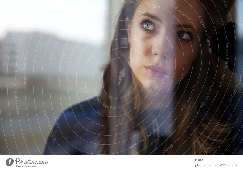 young woman at the window Feminine Young woman Youth (Young adults) 1 Human being House (Residential Structure) Window Sweater Blonde Long-haired Observe