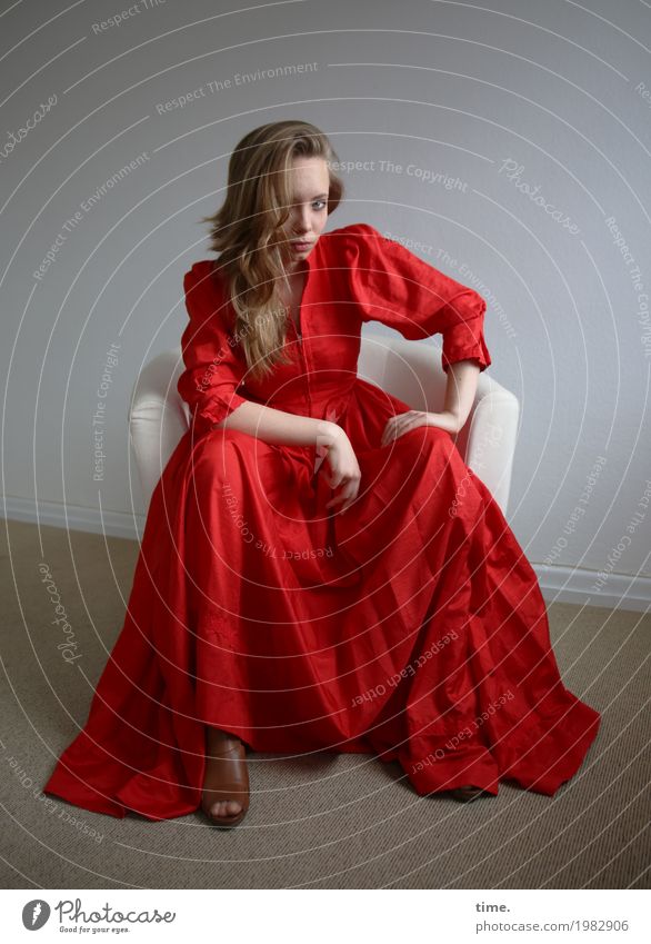 Nelly Armchair Room Feminine Young woman Youth (Young adults) 1 Human being Dress Blonde Long-haired Observe Think Looking Sit Wait Beautiful Self-confident