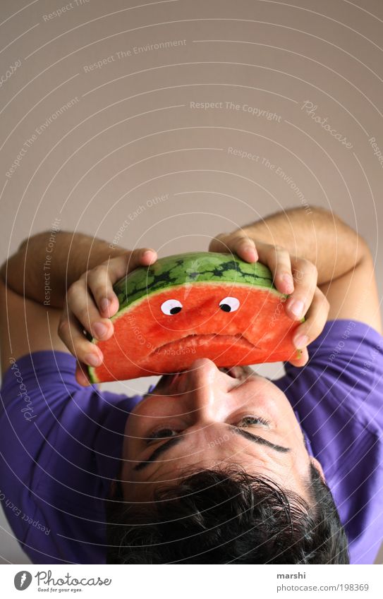 vivaciously intertwined Food Fruit Nutrition Eating Human being Masculine Man Adults Head 1 Healthy Delicious Juicy Sweet Green Red Emotions Moody Water melon