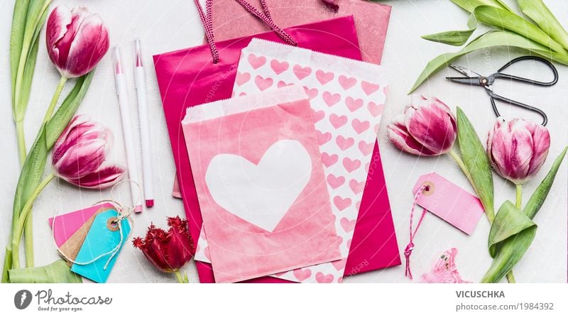 Tulips with pink paper bags and envelope with heart Style Design Joy Handicraft Feasts & Celebrations Valentine's Day Mother's Day Birthday Flower Paper Pen