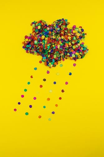 #S# Confetti rain Joy Cool (slang) Hip & trendy Happiness Yellow Rain Clouds Point Multicoloured Party Colour photo Studio shot Detail Deserted Artificial light