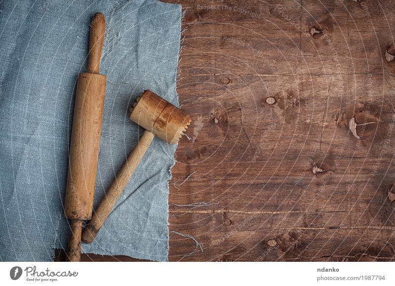 Wooden kitchen items skalka and hammer for beating meat Table Kitchen Restaurant Hammer Cloth Old Above Brown Tablecloth roll Vantage point housewares plunger