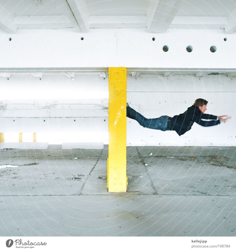 Keep me hangin' on Human being Masculine Man Adults 1 Athletic Parkour Climbing Jump Hop Weightlessness Fly Superman Colour photo Multicoloured Interior shot