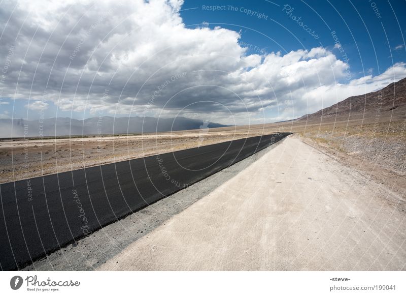 Bat Country Nature Landscape Earth Sand Sky Clouds Drought Desert Street Blue Brown Calm Loneliness Death valley Nationalpark Nevada USA Highway Colour photo