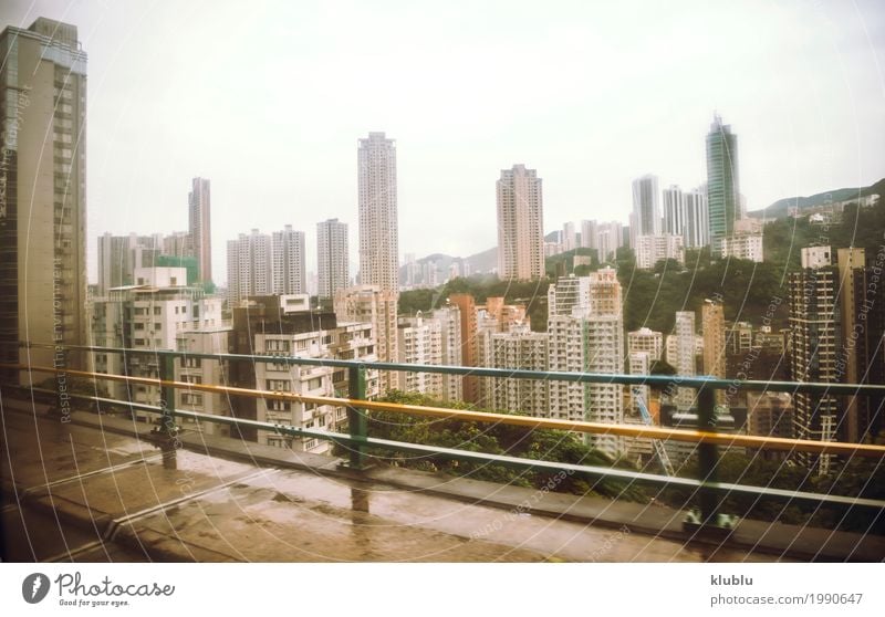 View to Hong Kong city through the blurred with rain bus glass. Life Vacation & Travel Weather Rain High-rise Building Architecture Street Movement Modern Wet