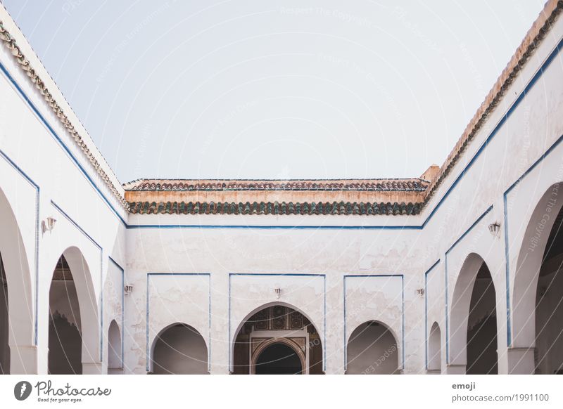 Morocco Sky Cloudless sky Palace Architecture Archway Interior courtyard Tourist Attraction Old Blue White Colour photo Subdued colour Exterior shot Deserted