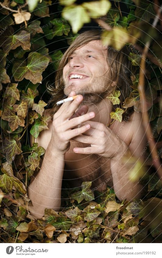 natural smile Joy Happy Smoking Human being Masculine Young man Youth (Young adults) Brunette Long-haired Designer stubble Hairy chest Smiling Laughter