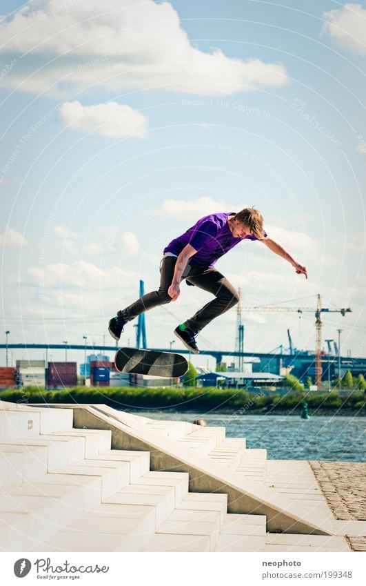 BS Flip-o-mat Elegant Leisure and hobbies Playing Sports Skateboarding Masculine Young man Youth (Young adults) 1 Human being Nature Water Sky Clouds River bank