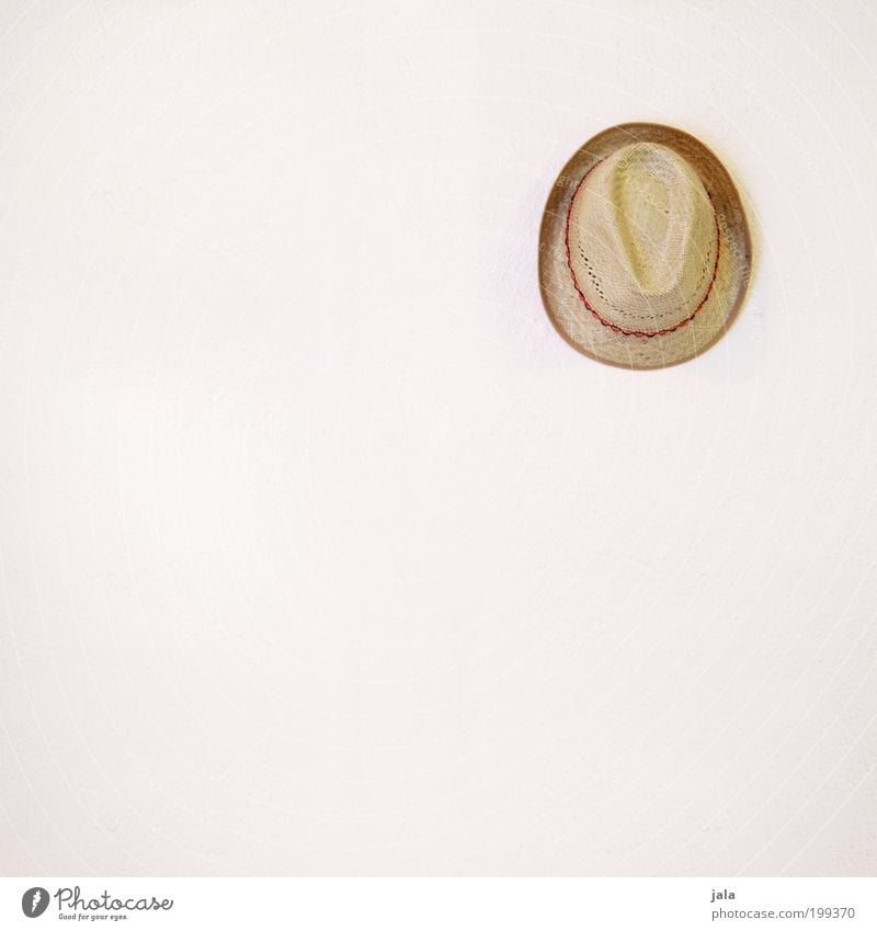 hat Facade Fashion Accessory Hat Straw hat Hang Simple Good Bright White Beige Headwear Colour photo Interior shot Deserted Copy Space left Copy Space bottom