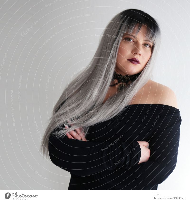 Kristina Feminine Woman Adults 1 Human being T-shirt Jewellery Neckband Gray-haired Long-haired Bangs Observe To hold on Looking Wait Beautiful Honor