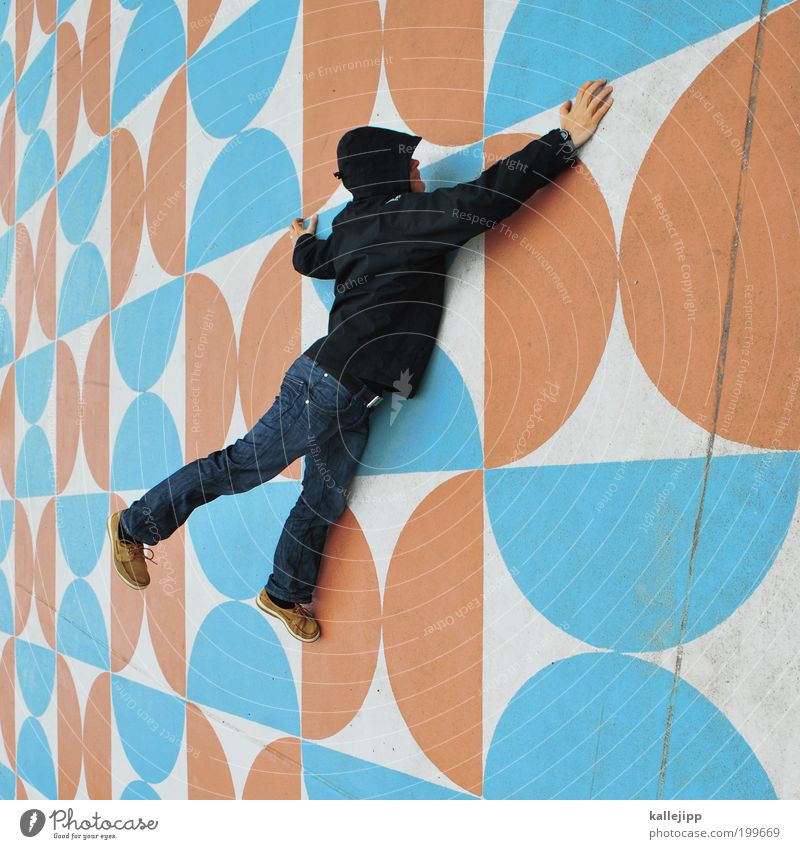 wonderful dreaming Human being Masculine Man Adults Life 1 Art Work of art Wall (barrier) Wall (building) Crawl Climbing Places Cyan Orange Pattern Ornament