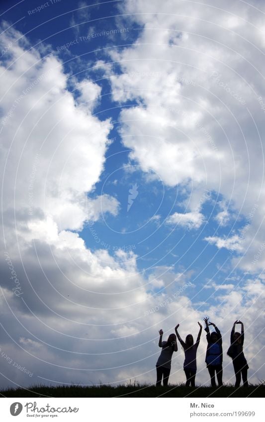 Hands to the sky Friendship Arm 4 Human being Environment Sky Clouds Climate Weather Hill Joy Happy Joie de vivre (Vitality) Spring fever Enthusiasm Euphoria