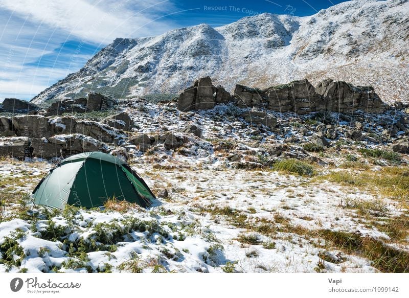 Green tent in snow mountains Leisure and hobbies Vacation & Travel Tourism Trip Adventure Expedition Camping Winter Snow Winter vacation Mountain Hiking