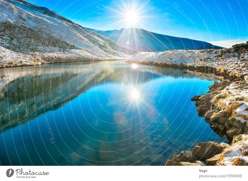 Beautiful blue lake in the mountains, morning sunrise time Vacation & Travel Tourism Summer Sun Beach Winter Snow Mountain Environment Nature Landscape Water