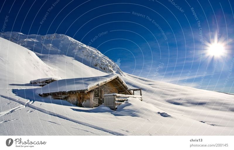 winter landscape with hut Freedom Winter Snow Winter vacation Mountain Nature Landscape Sky Beautiful weather Alps Hut Relaxation Dream Infinity Blue White