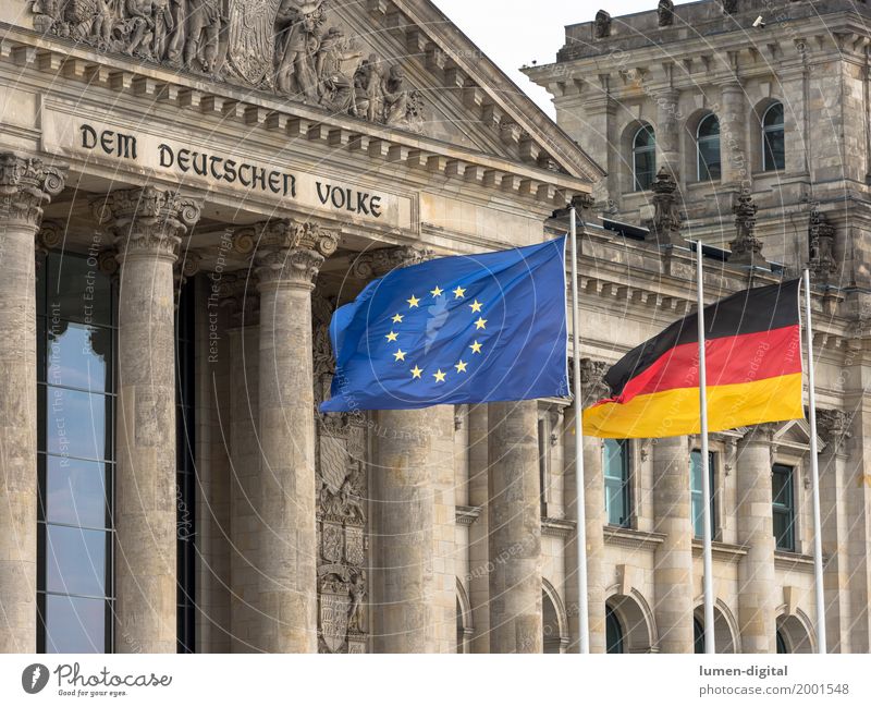 German flag and EU flag in front of the Reichstag in Berlin Architecture Flag Together Communicate Problem solving Dem deutschen Volke Entrance Europe Gable