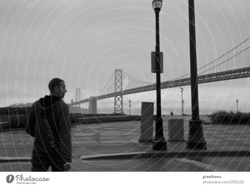 Left - Right - View Sightseeing City trip Jacket Short-haired Going Fog Lantern Bridge Street San Francisco Rain Street lighting Man 1 Black & white photo
