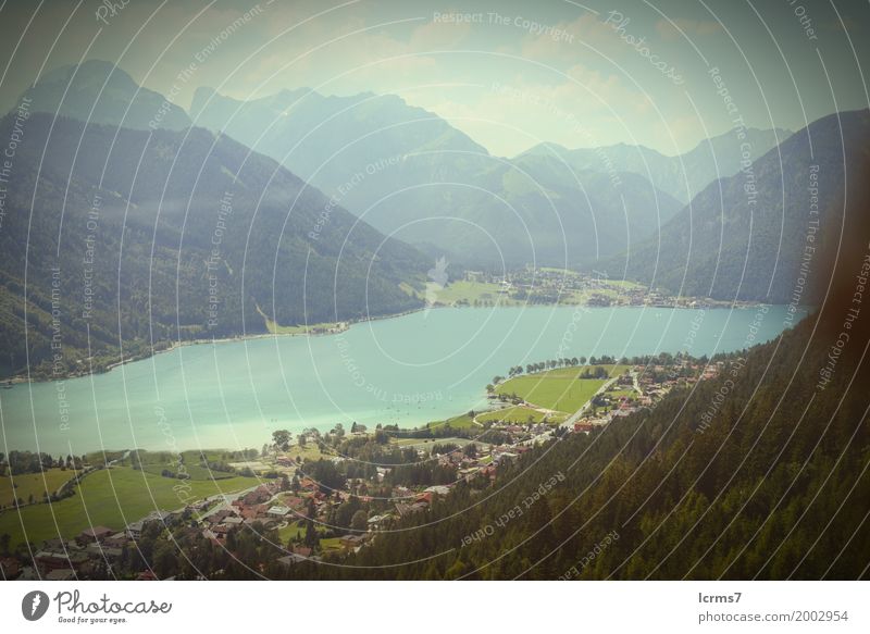 Aerial view over the Achensee lake in tyrol/ Austria. Vacation & Travel Summer Nature Retro rofan mountain Federal State of Tyrol alps landscape blue sky