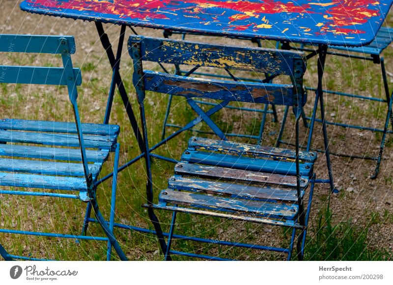 waiting for the summer Garden Chair Table Garden chair Garden table Beer garden Wet Blue Red Layer of paint Derelict Folding chair Folding table Drops of water