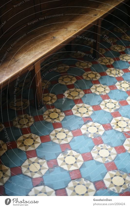 restless Deserted Church Bench Sharp-edged Cold Beautiful Mosaic Floor covering Pattern Religion and faith Colour photo Interior shot