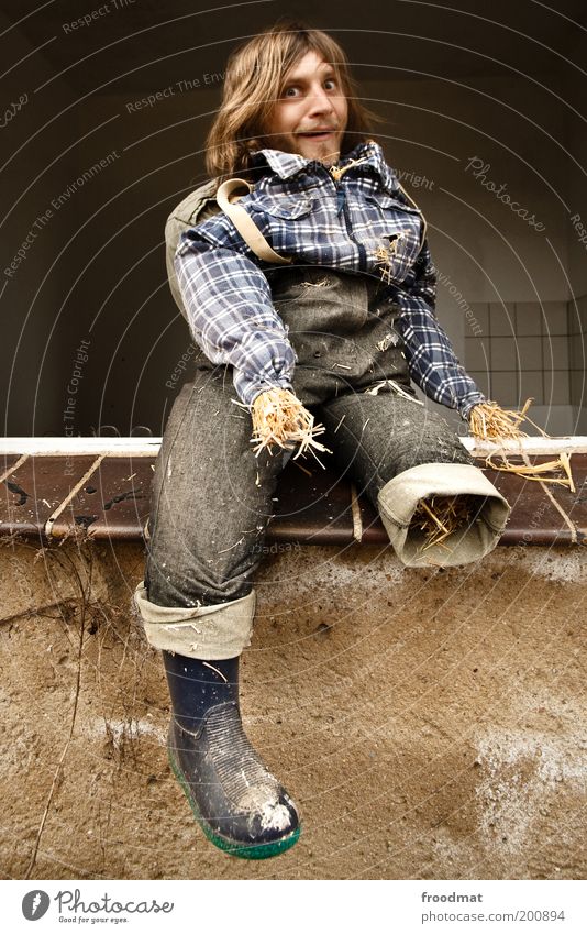 why is there any straw lying around? Human being Masculine Man Adults Happiness Broken Trashy Crazy Life Bizarre Whimsical Scarecrow Prothesis Boots Stuffed
