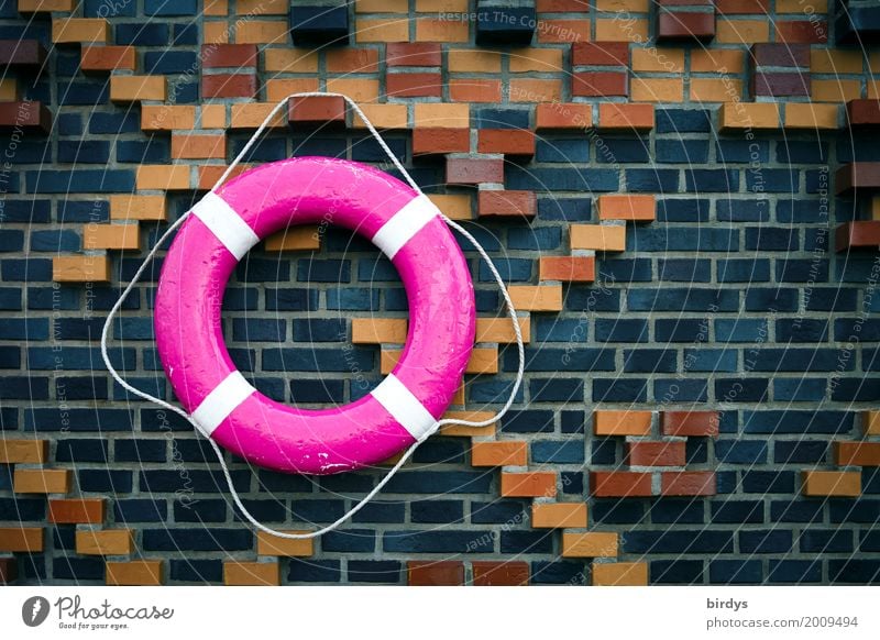 Save from drowning Wall (barrier) Wall (building) Brick wall Life belt Hang Maritime Positive Round Brown Gray Pink Safety Responsibility Design Help Rescue