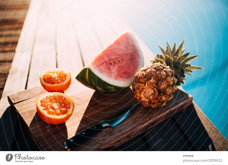 Healthy fruit platter with pineapple, oranges and watermelon Food Fruit Orange Nutrition Eating Diet Knives Swimming pool Vacation & Travel Summer Sun Beautiful