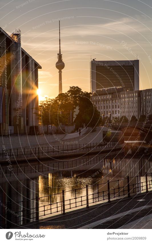 TV tower in Berlin in sunrise with Spree river in foreground Pattern Abstract Urbanization Capital city Copy Space right Copy Space left Cool (slang)