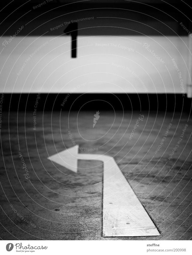 NUMBER 1 Transport Street Movement Arrow Parking garage Concrete Direction Turn off Black & white photo Interior shot Left Trend-setting