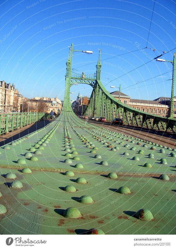 bridge_in_Budapest_02 Green Worm's-eye view Scaffolding Bridge Hungarian Metal Rivet metal rivets metal bridge Colour green Blue sky Architecture